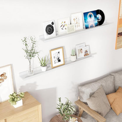 RICHFOCUS Floating Shelves for Wall, 48 inch Solid Wood Picture Ledge Shelf for Wall Storage, Nursery Book Shelves with Lip for Living Room Bathroom Bedroom Kitchen, Set of 2, Washed White