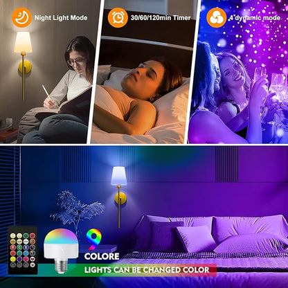 Battery Operated Wall Sconces Set of Two, Gold Wireless Wall Lights with 5200mAh Dimmable Bulbs and Remote, 12 Color Rechargeable Wall Sconce for Bedroom Living Room Hallway, 24 Inch
