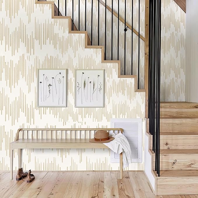 WENMER Beige Wallpaper, Modern Peel and Stick Wallpaper, Striped Wallpaper, Beige Geometric Wallpaper, 17.7''×394'' Contact Paper, Beige Self Adhesive Removable Wallpaper for Bathroom Cabinets Kitchen