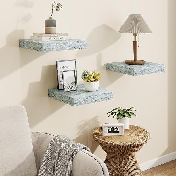 Marsmiles Square Floating Shelves for Wall, 12" W x 12" D x 1.5" H, 3 Pack Small Wall Mounted Engineered Wood Shelves with Invisible Brackets for Living Room, Bedroom, Bathroom, Kitchen Decor, Blue