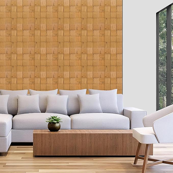 Checkerboard Acoustic Wall Panels – 6 Pack Golden Teak 3D Sound Absorbing Wall Panels 15.7” x 15.7” for Home & Apartment Interior Design, Checker Pattern Soundproof Decor Panels