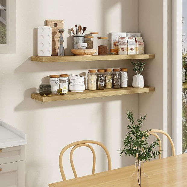 Fun Memories 55 Inch Long Floating Shelves for Wall Set of 2, 55x9.3 Large Floating Shelf for Bedroom, Kitchen, Bathroom, Wall Mounted Rustic Wood Shelves with Invisible Bracket for Books, Decor, Oak