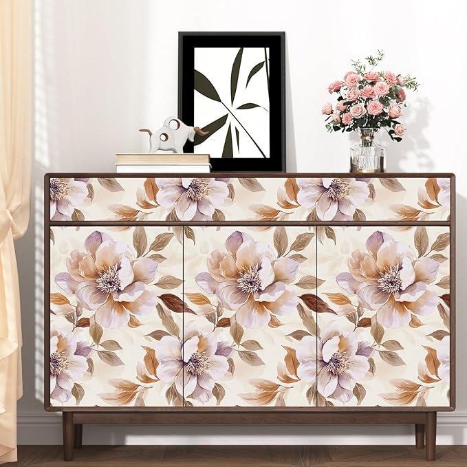 Purple Floral Peel and Stick Wallpaper Watercolor Contact Paper 17.5" × 118" Waterproof Vinyl Self Adhesive Vintage Brown Flower Wall Paper for Bedroom Walls Cabinet Locker Decor