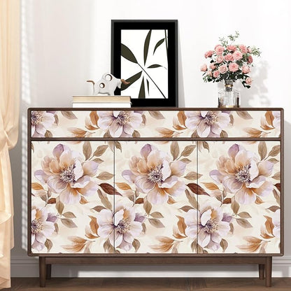 Purple Floral Peel and Stick Wallpaper Watercolor Contact Paper 17.5" × 118" Waterproof Vinyl Self Adhesive Vintage Brown Flower Wall Paper for Bedroom Walls Cabinet Locker Decor