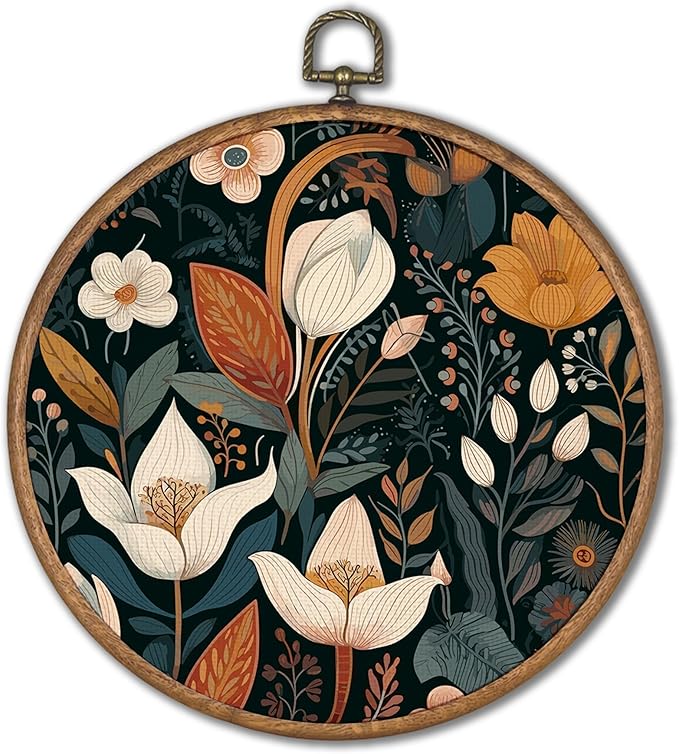 KSDUT Vintage Floral Wall Art Decor - Botanical Neutral Mid Century Modern Wall Art Canvas Frame Hanging Prints, Flower Landscape Round Wall Art Decor for Bathroom Home Gallery Decorations 10