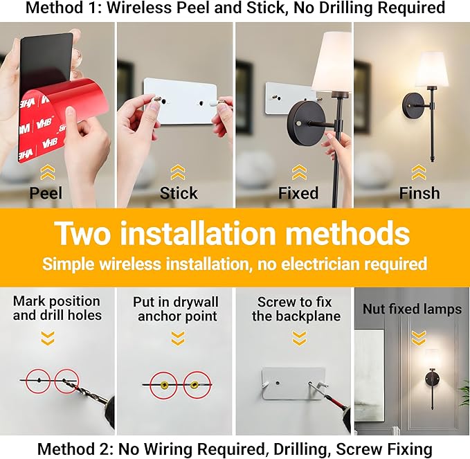 Peel and Stick Wall Sconces, Stick On Wall Sconce Set of 2, Battery Operated Wireless Wall Light, No Drill Adhesive Wall Lamp, Corn Bulb with 10000mAh Rechargeable Battery, Bedroom Wall Decor