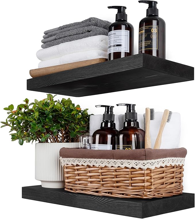 BGMG Wood Floating Shelves 18 inch,Black Floating Shelves,Solid Wood Wall Shelves for Bathroom Living Room Bedroom Kitchen Farmhouse Set of 2-18x 6.7 x1.25 inch