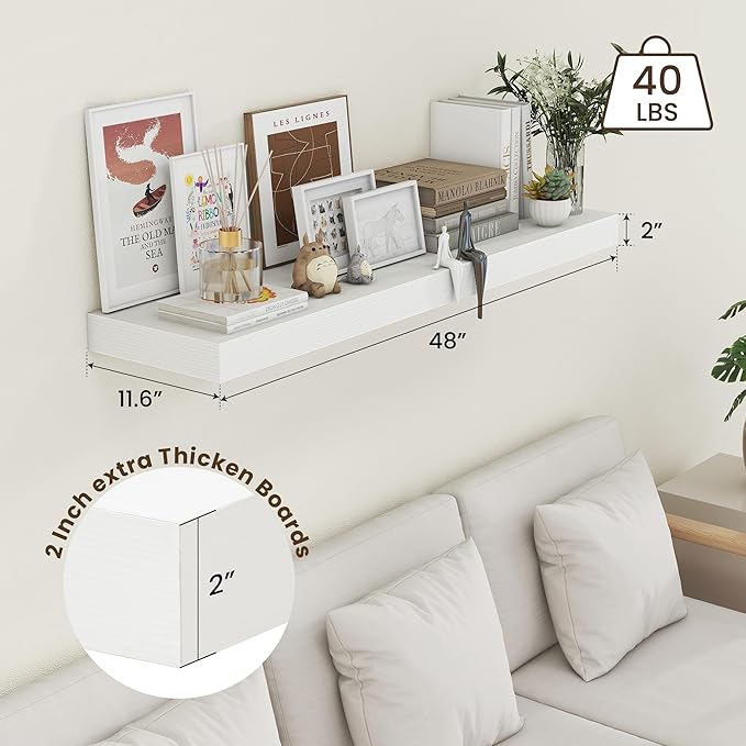 48 Inch White Floating Shelf | 12 Inch Deep Floating Shelves Set of 1 | 48