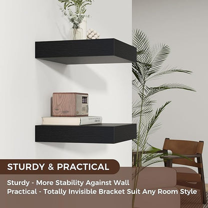 Square Floating Shelves for Wall, 12" W x 12" D x 2" H, 2 Pack of Small Wall Mounted Engineered Wood Shelves with Invisible Brackets for Living Room, Bedroom, Bathroom, Kitchen Decor, Black
