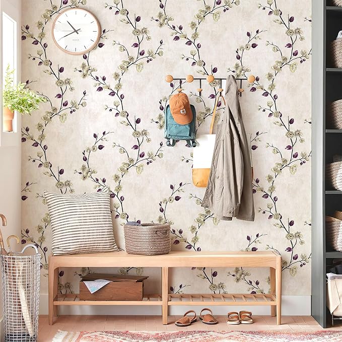 Floral Peel and Stick Wallpaper Flower Tree Contact Paper A Set of 17.5"x1200" Self Adhesive Removable Modern Beige Wall Paper Decorative Wall Covering Countertop Vinyl Film Roll