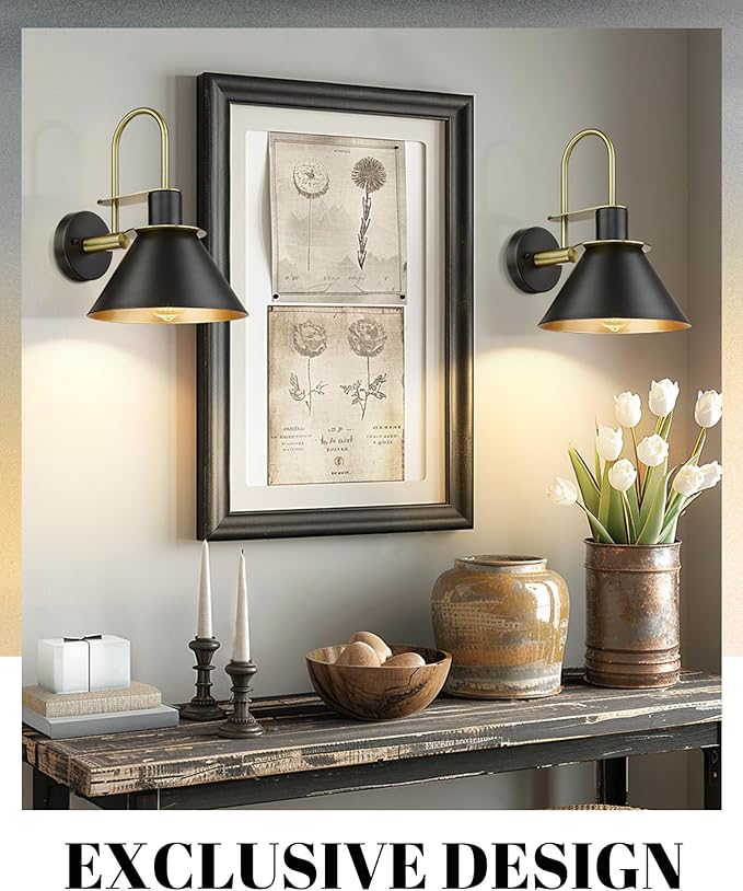 Wall Sconces Set of Two, HWH Modern Sconce Wall Lighting, 1-Light Black Barn Vanity Light, Industrial Wall Lamp for Bedroom Kitchen Bathroom, Black and Gold Finish, 5HZG56B-2L BK+BG