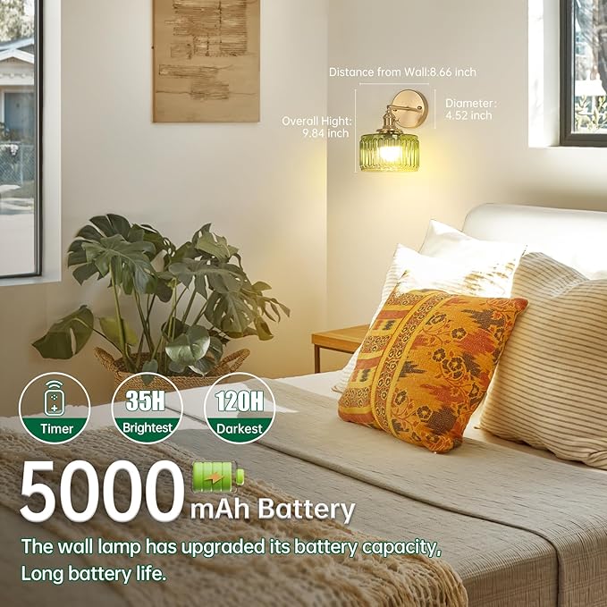 Vintage Battery Operated Wall Sconce with Green Striped Glass Lampshade 5000 mAh Rechargeable Battery Powered Wall Light with Remote Control for Bedside Bedroom Doorway, Set of 2