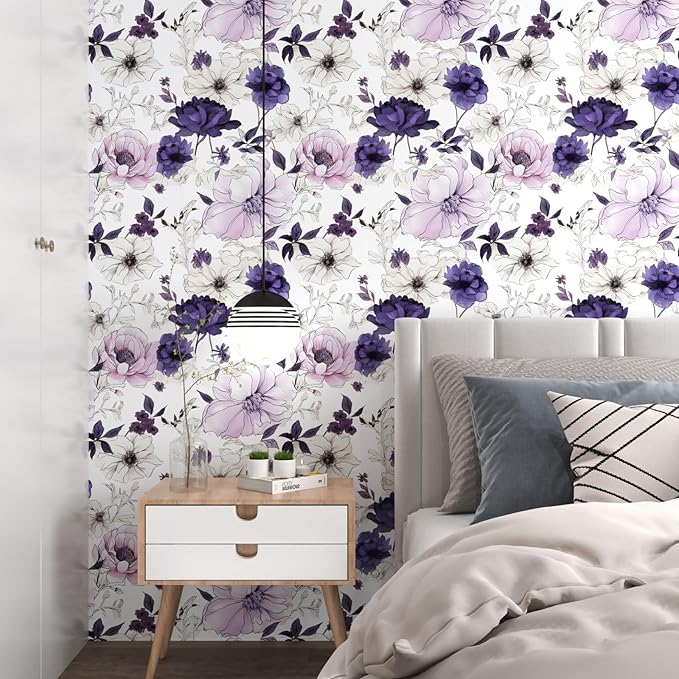 Watercolor Floral Peel and Stick Wallpaper,Purple/White/Pink Flower Contact Paper, Botanical Wall Paper Self Adhesive Removable Waterproof for Bedroom Shelves Cabinet Drawer Table Decor 17.5" x 393.7"