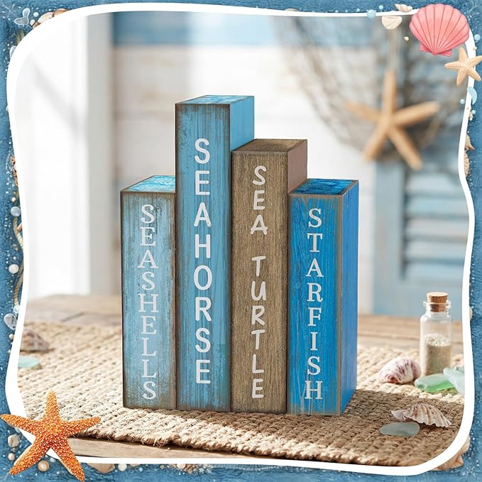 4 Pcs Summer Table Decoration Wooden Book Coastal Beach Decoration Blue and White Summer Tiered Tray Decor Wood Book Sign Farmhouse for Ocean Party Home Shelf Coffee Table