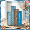 4 Pcs Summer Table Decoration Wooden Book Coastal Beach Decoration Blue and White Summer Tiered Tray Decor Wood Book Sign Farmhouse for Ocean Party Home Shelf Coffee Table