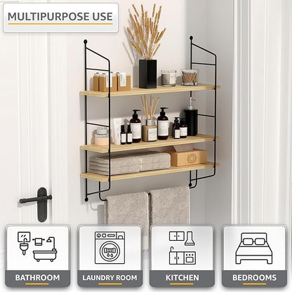 Sorbus 3-Tier Floating Bathroom Shelves for Wall - Wood Wall Storage for Towels, Over The Toilet Storage Cabinet, Gaming Floating Shelves, Bathroom Accessories, and Home Decor (Maple)