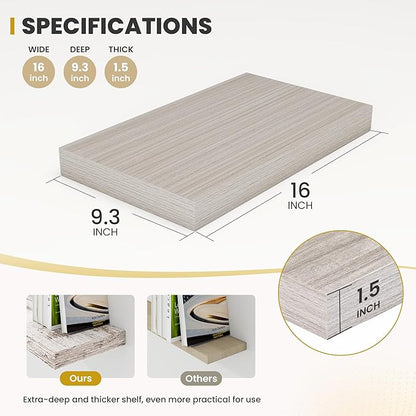 16 Inch Floating Shelves, 9.3" Deep Floating Shelf Wall Mounted, 16" Wall Shelves, Rustic Deep Bookshelf, Large Display Shelves & Storage Shelves for Bedroom, Living Room, Greige, Set of 2