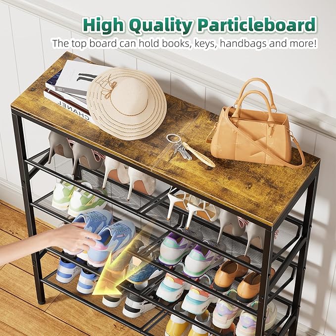 Shoe Rack for Entryway, 5 Tier Shoe Rack Organizer with Storage Shelves and Spacious Top, Rustic Brown