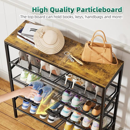 Shoe Rack for Entryway, 5 Tier Shoe Rack Organizer with Storage Shelves and Spacious Top, Rustic Brown