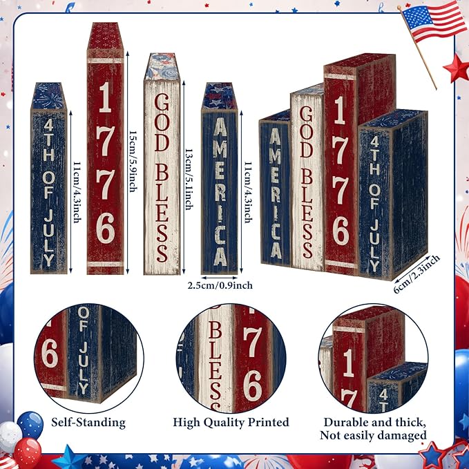 4 Pcs 4th of July Table Decoration Wooden Book 1776 God Bless America Decor Patriotic Tiered Tray Decor Farmhouse Red White and Blue American Block Signs for 250th Anniversary Home Shelf