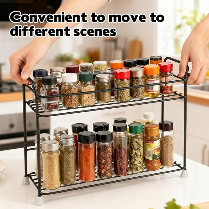 2 Tier Spice Rack Organizer for Countertop Sturdy Metal Standing Spice Storage Shelf Rack Seasoning Organizer Holder for Home Kitchen Cabinet Bathroom Bedroom Pantry Vanity Black