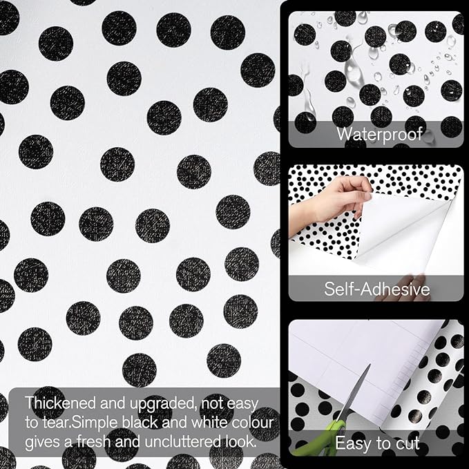 17.3”x480” Black and White Polka-Dot Wallpaper Self-Adhesive Contact Paper Moire Dot Peel and Stick Decorative Wallpaper Spots Contact Paper for Walls Bedroom Living Room Nurseryls