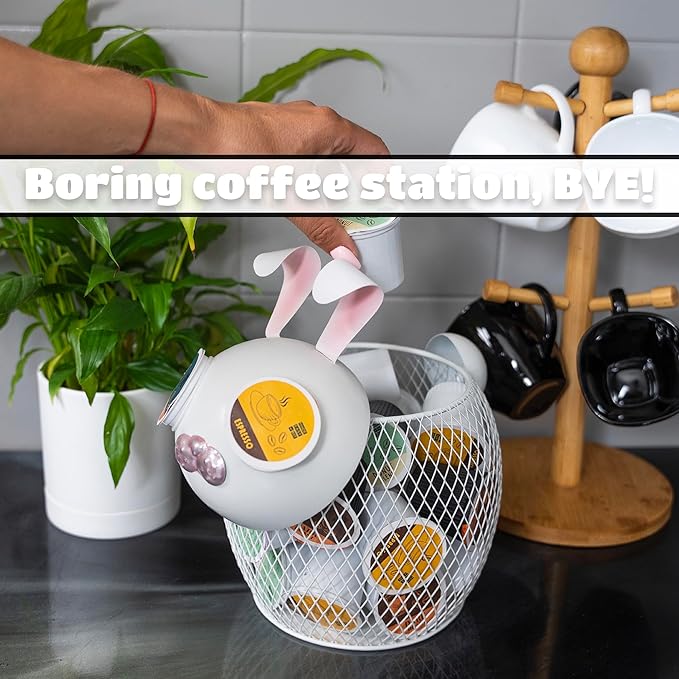 Made Easy Kit Coffee Pod Basket Organizer Useful Decor - Compatible with Keurig K-Cup Pods - Home Coffee Bar Functional Decoration - Café Station Countertop Freestanding Storage Accessory (WHT Bunny)