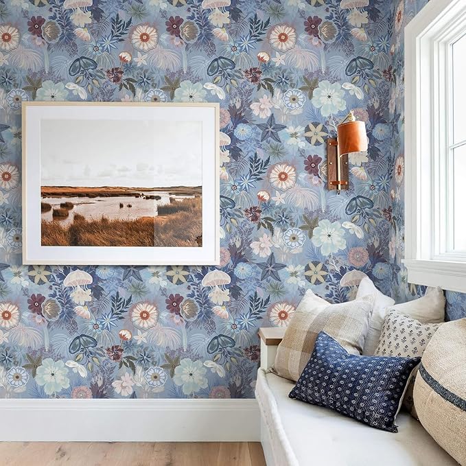 Ismoon Floral Peel and Stick Wallpaper Vintage Blue Contact Paper Jellyfish Ocean Stick on Wall Paper Removable Self Adhesive Vinyl Wallpaper for Bedroom Wall Decor Cabinet Refurbishment 17.3x393in