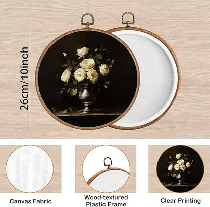 KSDUT Retro Aesthetic White Floral Wall Art Decor - Dark Botanical Neutral Mid Century Modern Wall Art Canvas Frame Hanging Prints, Vintage Landscape Round Wall Art Decor for Home Decorations 10"x10"