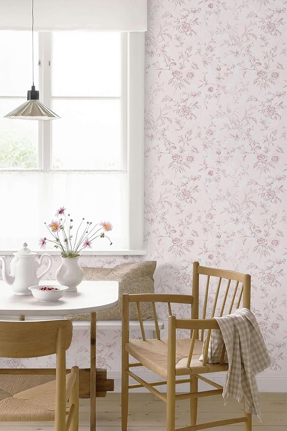 Ismoon Floral Wallpaper Peel and Stick Pink Stick on Wall Paper Vintage French Contact Paper for Cabinet Textured Removable Self Adhesive Wallpaper Vinyl Roll Shelf Deco, 17.3x787in
