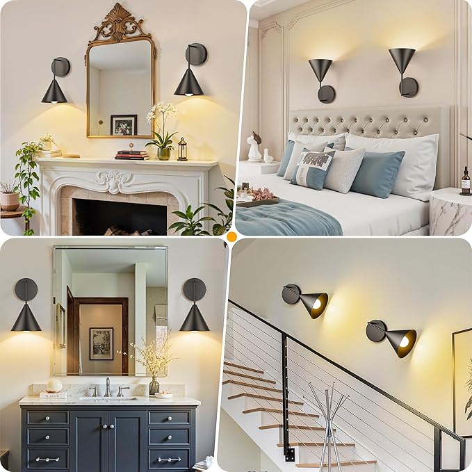 Rechargeable Wall Sconce Set of 2, Black Wireless Battery Operated Wall Lamp with Remote, Dimmable & Timer, Modern Industrial Indoor Light Fixture, Bulb Included