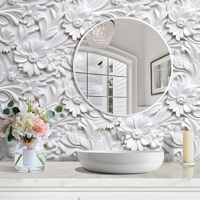 LACHEERY 3D Embossed Wallpaper White Floral Peel and Stick Wallpaper Modern Self Adhesive Removable Leaf Flower Contact Paper for Cabinets and Drawers Bedroom Living Room Wall Paper Roll 17.5