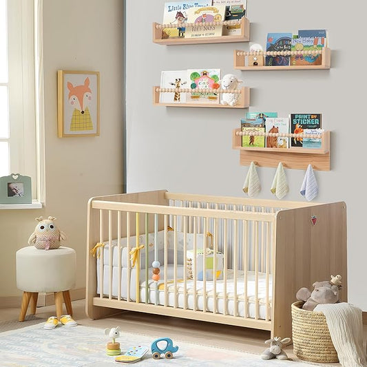 BOMID Wall Bookshelves,Set of 4 Natural Wood Floating Bookshelf,Nursery Shelves,Floating Book Shelves for Wall(Burlywood)