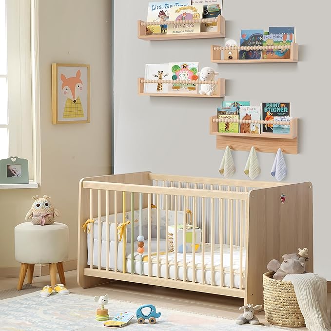 BOMID Wall Bookshelves,Set of 4 Natural Wood Floating Bookshelf,Nursery Shelves,Floating Book Shelves for Wall(Burlywood)