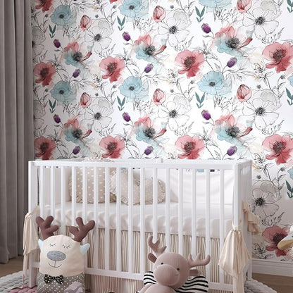 Floral Peel and Stick Wallpaper, Watercolor Flowers Contact Paper 17.5" x 393.7",Large Blooming Flower Botanical Wall Paper Self Adhesive Removable for Shelves Cabinet Table Decor- White,Blue,Pink