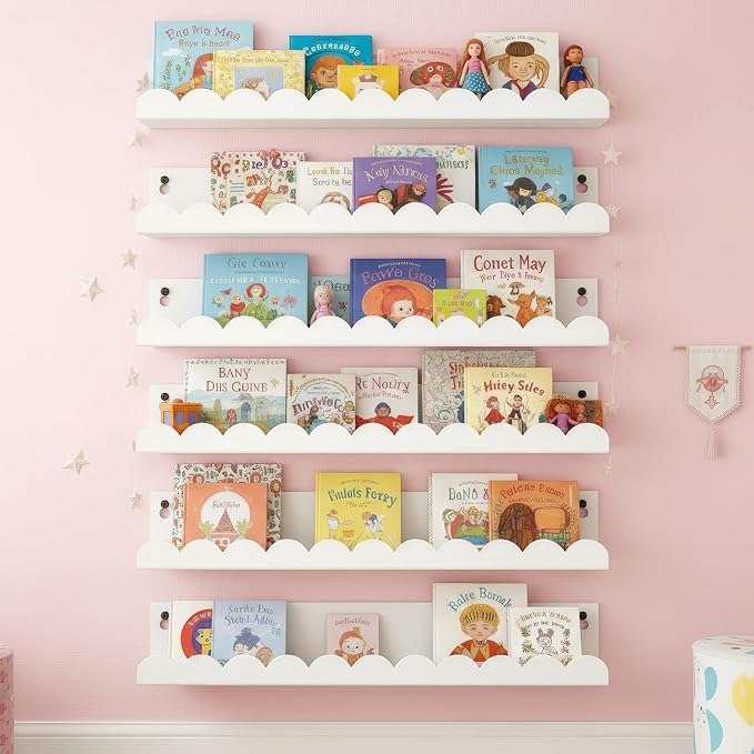 Nursery Book Shelves Set of 6, White Metal Floating Shelves for Wall, 16 Inch Scalloped Book Shelf for Kids Room, Bathroom, Bedroom, Playroom Wall Decor & Storage