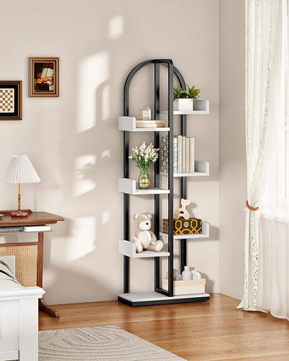 Corner Bookshelf, Curved 6-Tier Bookcase with Anti-Tip Kit, Adjustable Feet and Staggered Shelves for Living Room, Bedroom, Study, Office, White and Black TSJ06BW