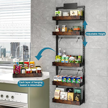 bukfen Over the Door Pantry Organizer, 6-Tier Adjustable Wooden Basket Kitchen Pantry Door Organization and Storage, Heavy-Duty Metal Hanging Kitchen Spice Rack, D6.3 x W17.71 x H50.60 inch, 1 Pack