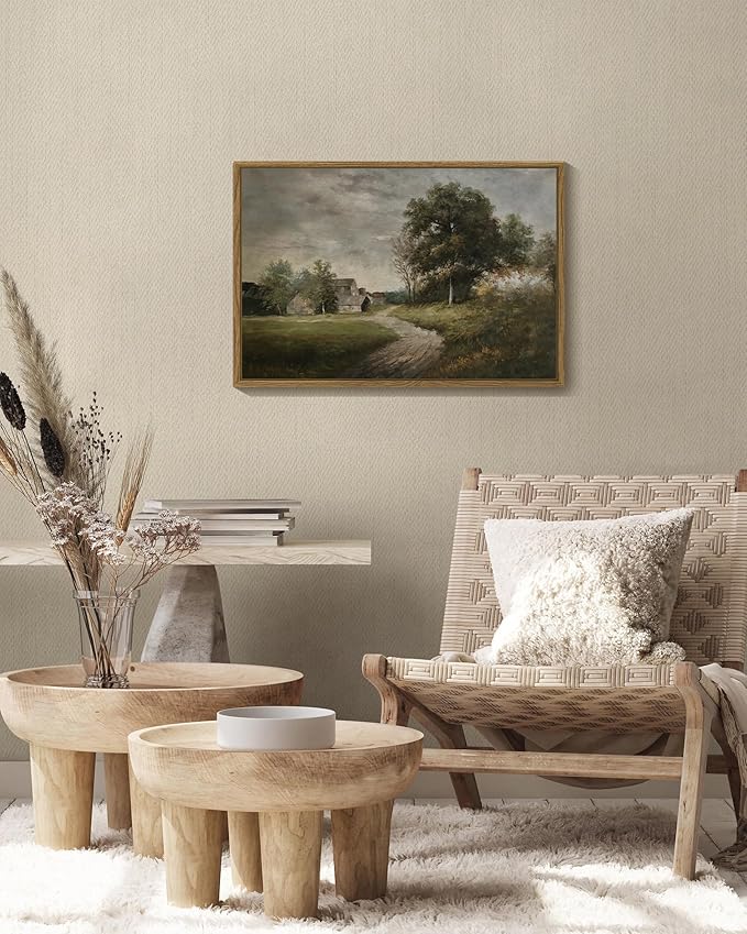 SHENIFY Landscape 16x24in Large Vintage Framed Canvas Wall Art Classical Village Prints Farmhouse Bathroom Office Decor - Natural Framed