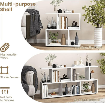 Tangkula 2 Tier Geometric Bookshelf, Freestanding Wood Display Shelf, Home Office Room Divider S Shaped Open Bookcase, Small Bookshelf for Small Spaces, Living Room, Study (White, 1)