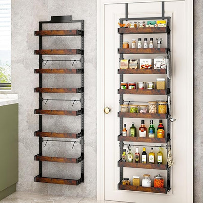 bukfen Over the Door Pantry Organizer, 8-Tier Adjustable Wooden Basket Kitchen Pantry Door Organization and Storage, 2 in 1 Wall Mount or Hanging Heavy-Duty Metal Hanging Kitchen Spice Rack, 1 Pack