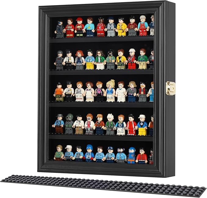 Block Toy Minifigures Dimensions Display Case Thimble Wall Cabinet Shelves Compatible with Challenge Coin Lockalbe UV Protection Door (Small - Black Frame)