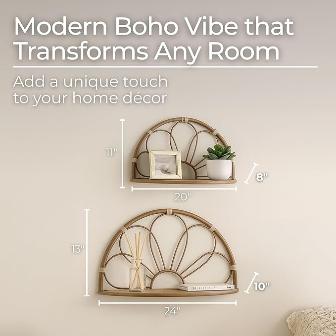 Set of 2 Arched Flower Decorative Wall Shelves – Boho Home Decor Floating Display Shelf – Metal & Wood Modern Wall Shelves for Office, Bedroom & Living Room – 11" & 13", Brown