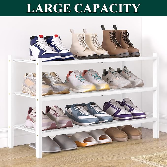 Smiry Bamboo Shoe Rack for Closet, 3 Tier Wooden Stackable Shoe Organizer, Free Standing Shoes Storage Shelf for Entryway, Front Door Entrance, White