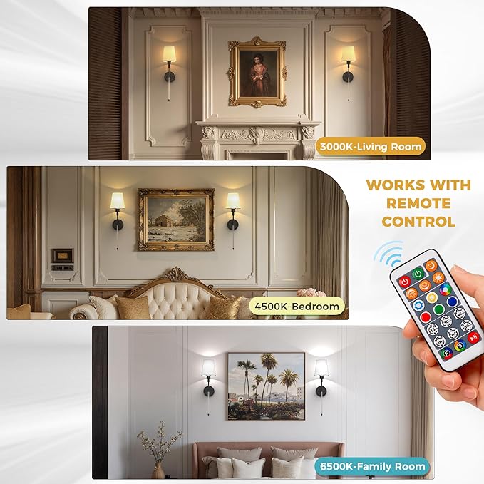 DORESshop Battery Operated Wall Sconce Set of 2, Wall Light Wireless Easy to Install, Dimmable and Adjustable Sconce Wall Decor, Rechargeable Wall Lamp for Bedroom, Living Room, Black and Glass 24.6in