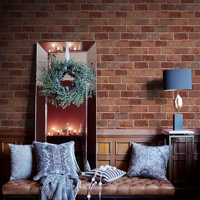GaliGali Red and Gold Brick Wallpaper, Peel and Stick Wallpaper, Self-Adhesive Classic Antique Texture Rock Wall Paper, Removable Contact Paper for Home Decoration 17.3