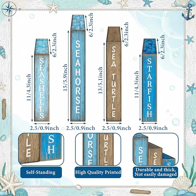 4 Pcs Summer Table Decoration Wooden Book Coastal Beach Decoration Blue and White Summer Tiered Tray Decor Wood Book Sign Farmhouse for Ocean Party Home Shelf Coffee Table