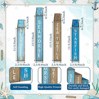 4 Pcs Summer Table Decoration Wooden Book Coastal Beach Decoration Blue and White Summer Tiered Tray Decor Wood Book Sign Farmhouse for Ocean Party Home Shelf Coffee Table