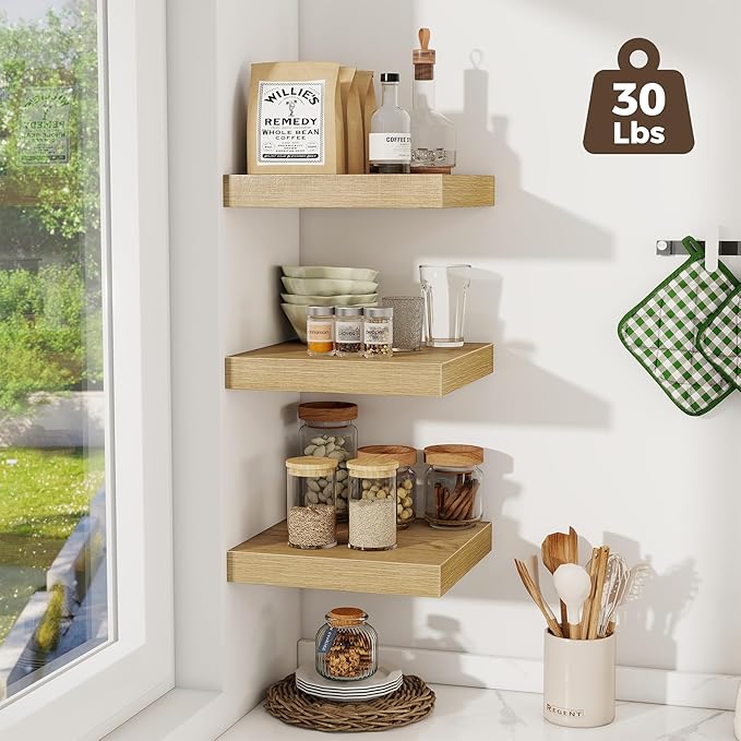 Fun Memories 12 Inch Square Floating Shelves 3 Pack - Wall Shelves with Invisible Brackets, Small Floating Shelves for Wall, Oak Wood Shelves for Bathroom, Living Room, Bedroom, and Kitchen Decor