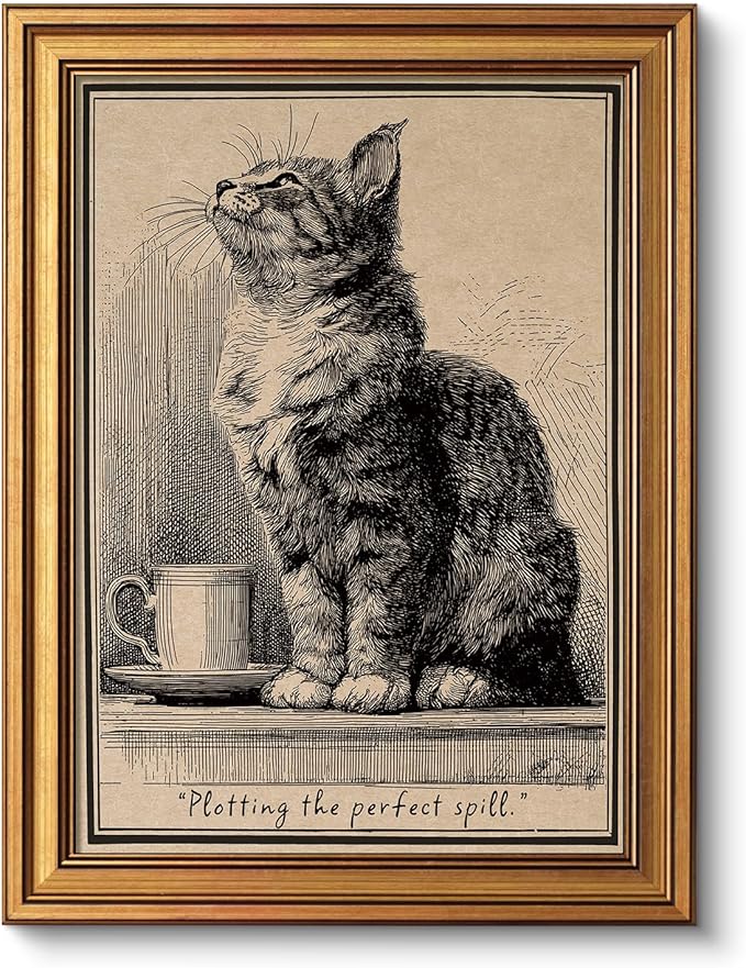 VIYYIEA Gold Small Framed Canvas Art, Vintage Cat Art Prints,12x16Inch, Retro Cat Lovers Decor for Home Bedroom Coffee Bar Office Shelf, Funny Animal Sketch Poster
